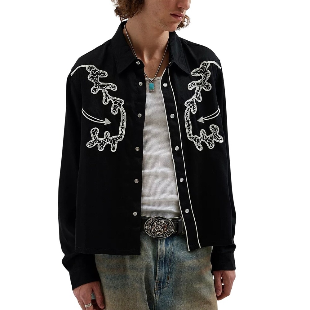 BDG Black Western Party Shirt Embroidered‎ Pearl Snap Long Sleeve Men Size Small